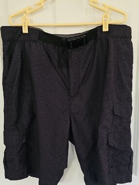 2/$15 Men's Black Grid Cargo Shorts with Webbing Belt